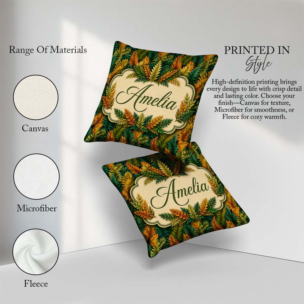 Custom Name Autumn Multicolour Leaf Botanical Seamless Pattern Square Filled Cushion Throw Pillow Sofa Bed Home Decor Zip Washable UK Made
