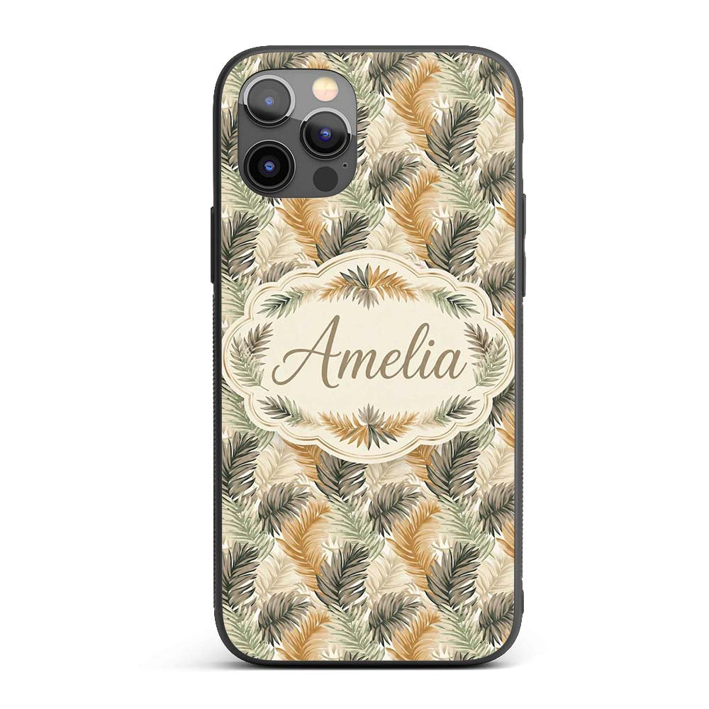 Earthy Toned Palm Leaf Botanical Seamless Pattern Custom Name Protective Phone Case Mobile Cover Durable Everyday Smartphone Shock Resistant