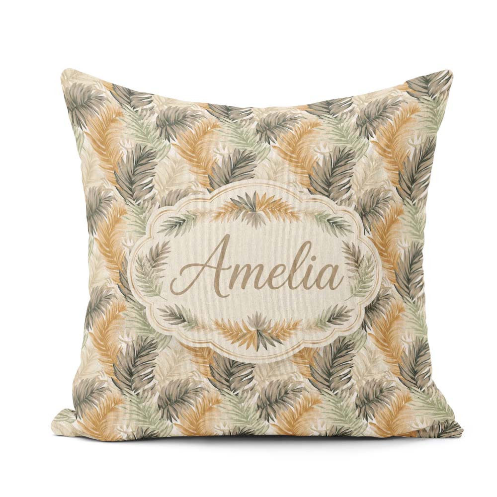 Custom Name Earthy Toned Palm Leaf Botanical Seamless Pattern Square Filled Cushion Throw Pillow Sofa Bed Home Decor Zip Washable UK Made