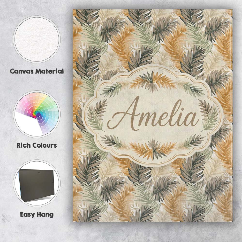Personalised Name Earthy Toned Palm Leaf Custom  Unique Gift Idea Elegant Feature Canvas Wall Art Print Decor Picture Ready to Hang