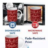 Personalized Custom Name RedNordic Knit Heart Snowflake Pattern Christmas Sweater Style 11oz Ceramic Coffee Tea Mug White Large Handle