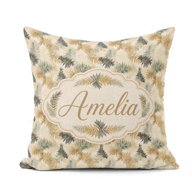 Custom Name Neutral Beige Tropical Palm Leaf Watercolor Seamless Square Filled Cushion Throw Pillow Sofa Bed Home Decor Zip Washable UK Made