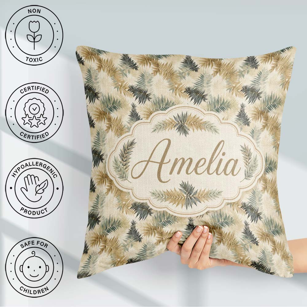 Custom Name Neutral Beige Tropical Palm Leaf Watercolor Seamless Square Filled Cushion Throw Pillow Sofa Bed Home Decor Zip Washable UK Made