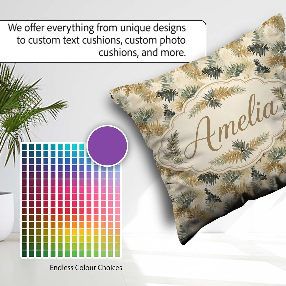 Custom Name Neutral Beige Tropical Palm Leaf Watercolor Seamless Square Filled Cushion Throw Pillow Sofa Bed Home Decor Zip Washable UK Made