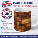 Personalized Custom Name Wooden Parquet Square Texture Seamless Pattern Thoughtful Gift Idea 11oz Ceramic Coffee Tea Mug White Large Handle