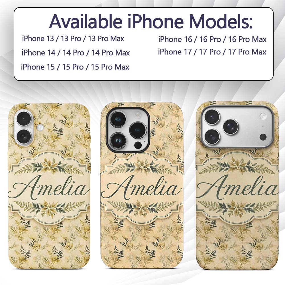 Soft Beige Fern Botanical Watercolor Seamless Custom Name Protective Phone Case Mobile Cover Durable Everyday Smartphone Shock Resistant