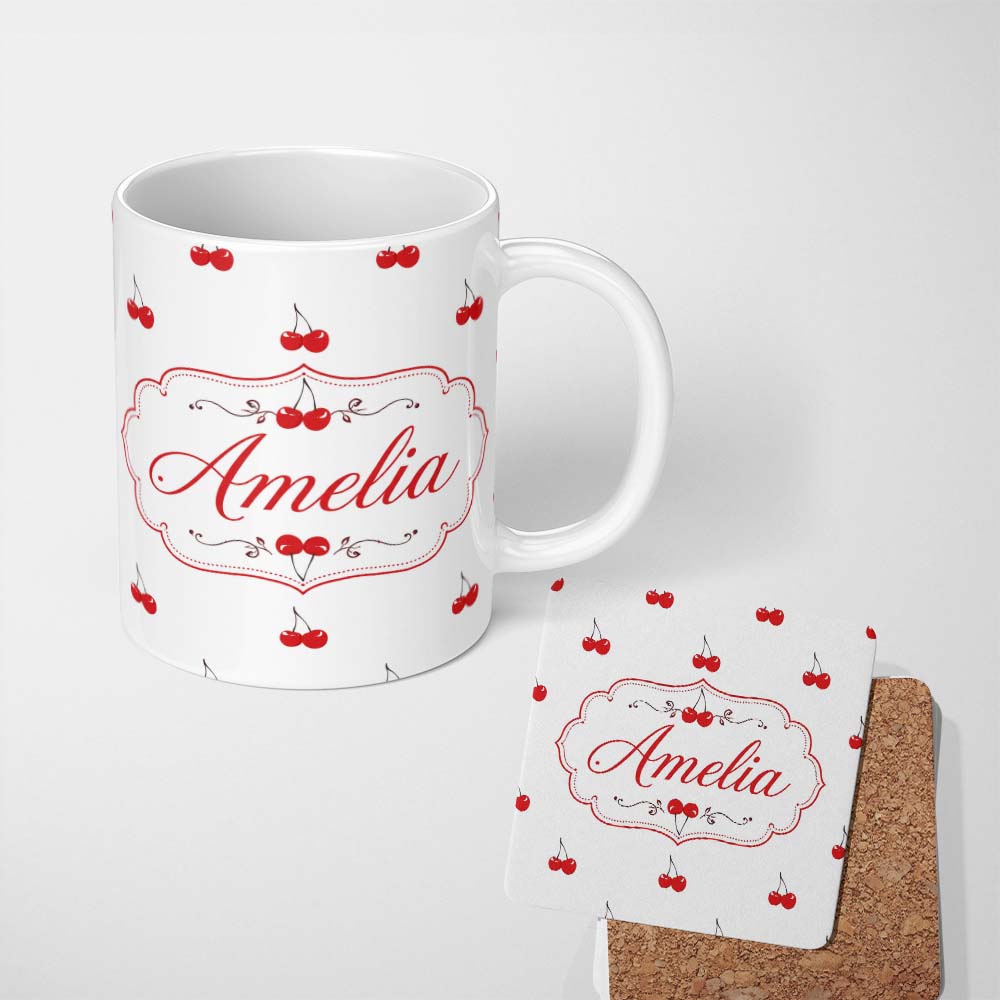 Personalized Custom Name Minimal Cherry Fruit Cute Seamless Pattern on Grey Cute Unique Gift 11oz Ceramic Coffee Tea Mug White Large Handle