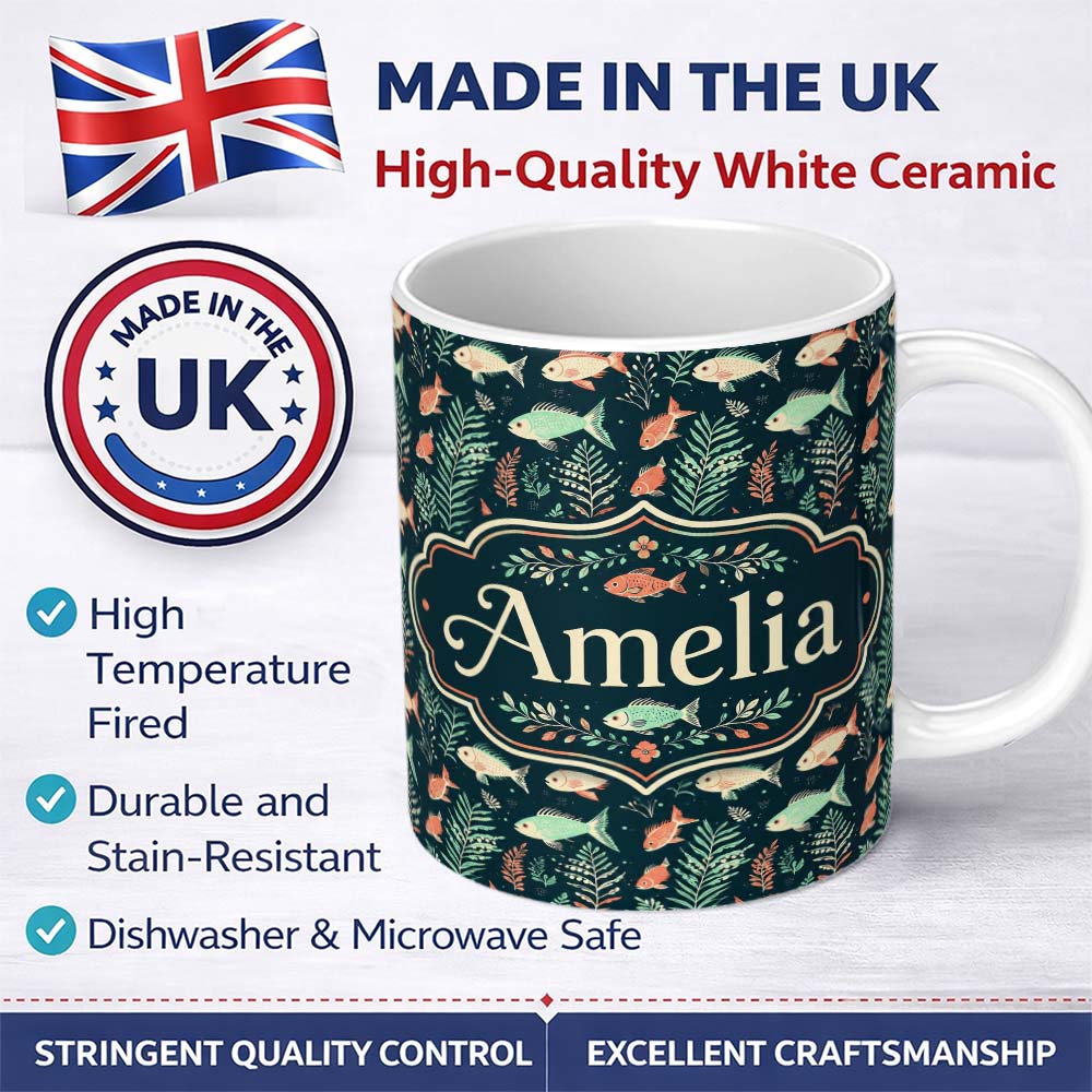 Personalized Custom Name Cute Coral and Mint Fish with Seaweed Ocean Seamless Pattern Lovely 11oz Ceramic Coffee Tea Mug White Large Handle