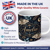 Personalized Custom Name Celestial Moth Moon Botanical Night Sky Seamless Pattern Lovely 11oz Ceramic Coffee Tea Mug White Large Handle