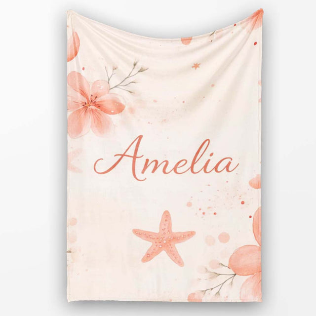 Coral Starfish Ocean Floral Pattern Seamless Watercolour Coastal  Personalised Custom Name Super Soft Fleece Blanket Bed Sofa Throw