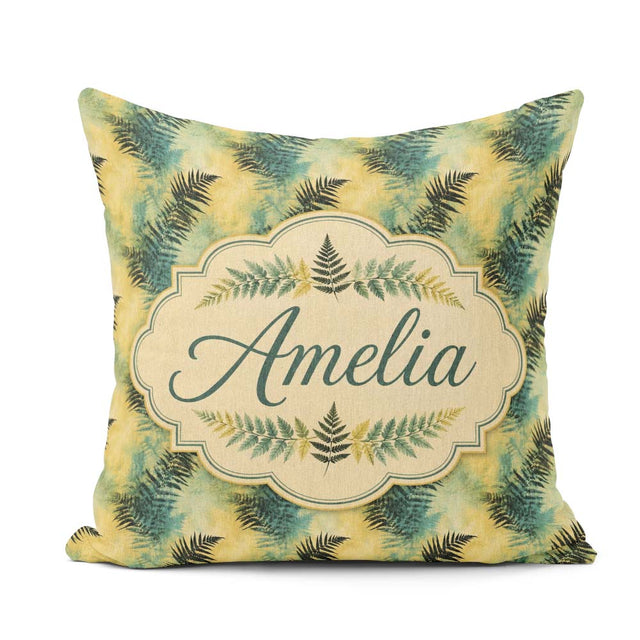 Custom Name Teal Yellow Fern Abstract Botanical Seamless Pattern Square Filled Cushion Throw Pillow Sofa Bed Home Decor Zip Washable UK Made