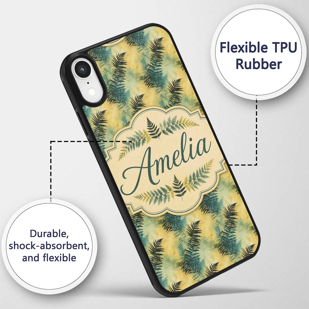 Teal and Yellow Fern Abstract Botanical Seamless Custom Name Protective Phone Case Mobile Cover Durable Everyday Smartphone Shock Resistant