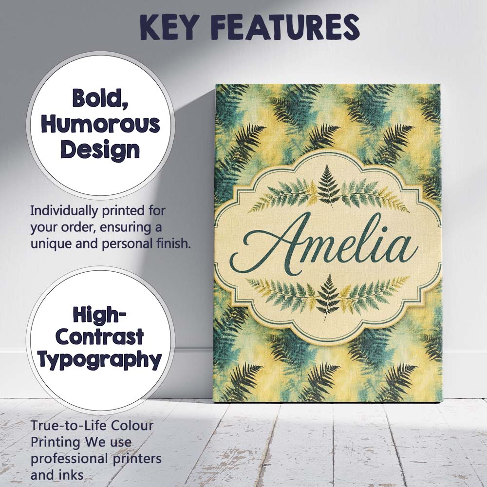 Personalised Name Teal and Yellow Fern Custom  Modern Room Accent Elegant Feature Canvas Wall Art Print Decor Picture Ready to Hang