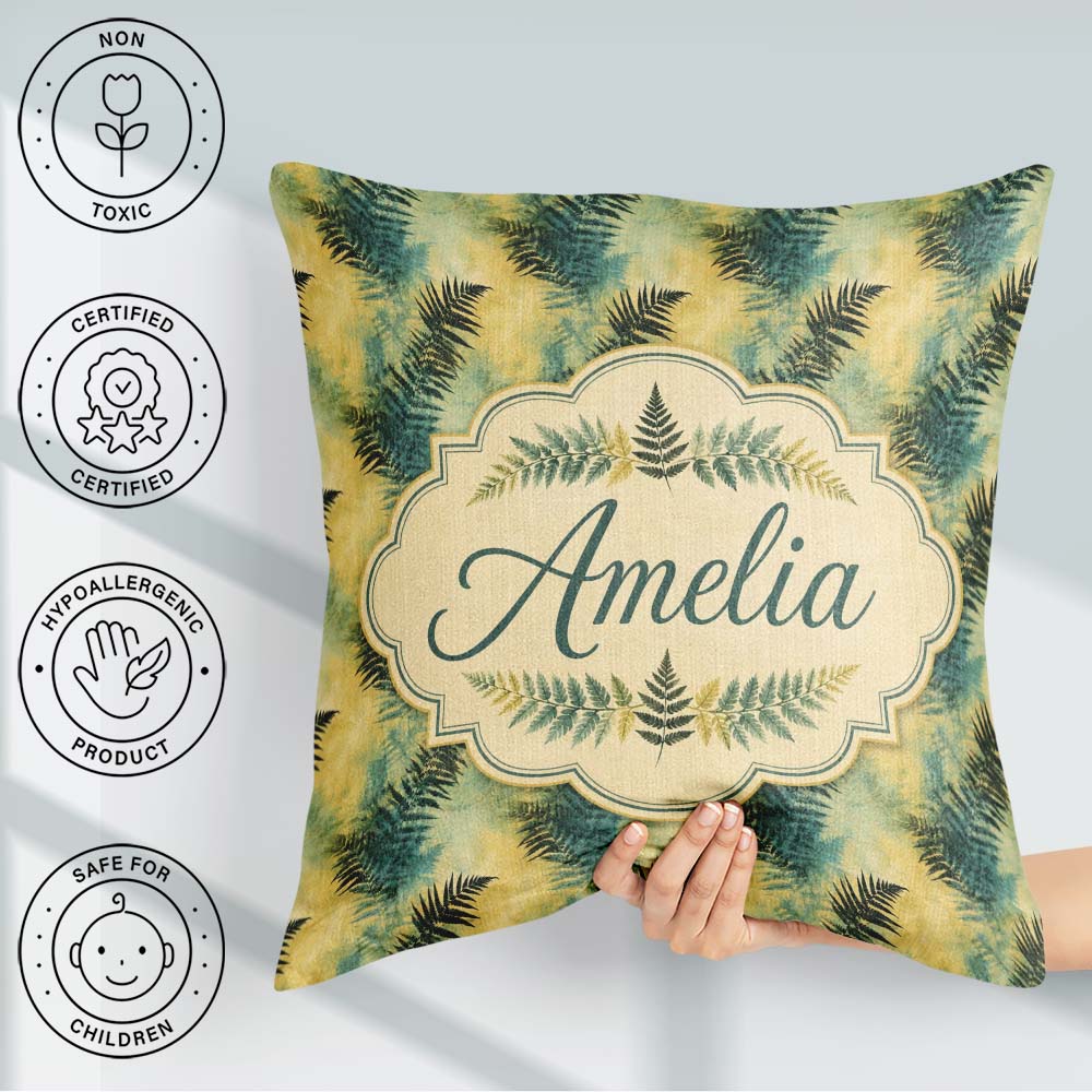 Custom Name Teal Yellow Fern Abstract Botanical Seamless Pattern Square Filled Cushion Throw Pillow Sofa Bed Home Decor Zip Washable UK Made