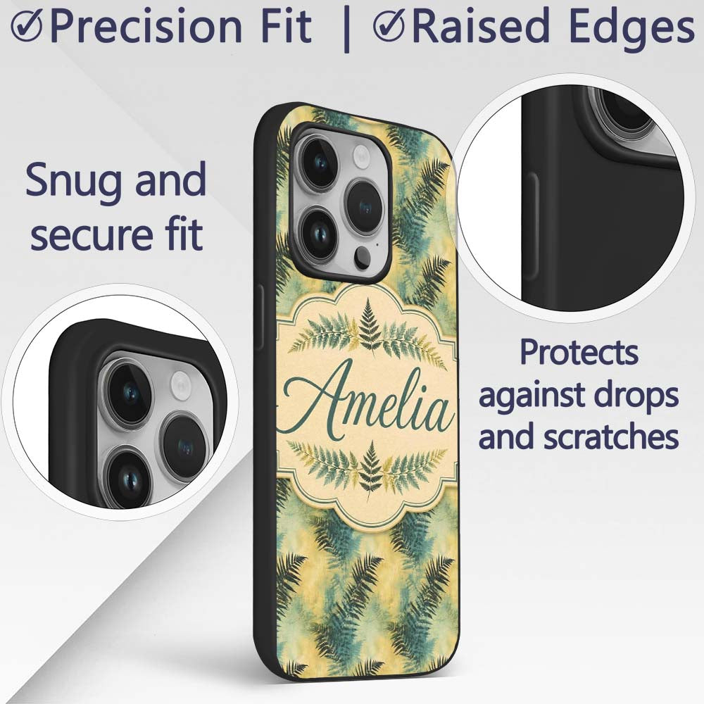 Teal and Yellow Fern Abstract Botanical Seamless Custom Name Protective Phone Case Mobile Cover Durable Everyday Smartphone Shock Resistant