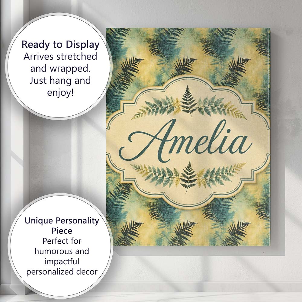 Personalised Name Teal and Yellow Fern Custom  Modern Room Accent Elegant Feature Canvas Wall Art Print Decor Picture Ready to Hang