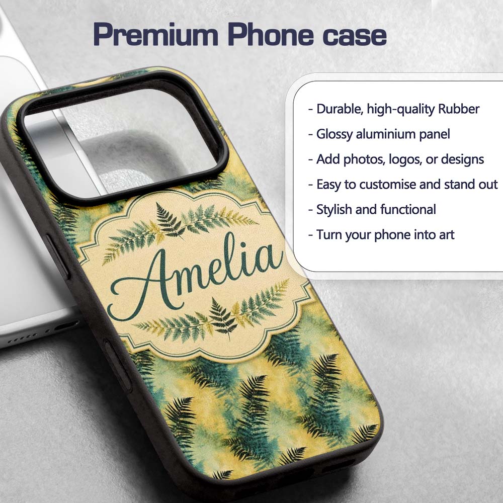 Teal and Yellow Fern Abstract Botanical Seamless Custom Name Protective Phone Case Mobile Cover Durable Everyday Smartphone Shock Resistant