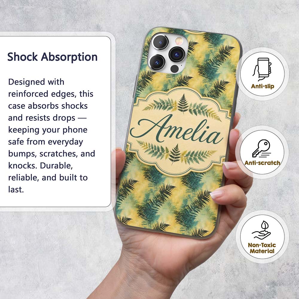 Teal and Yellow Fern Abstract Botanical Seamless Custom Name Protective Phone Case Mobile Cover Durable Everyday Smartphone Shock Resistant