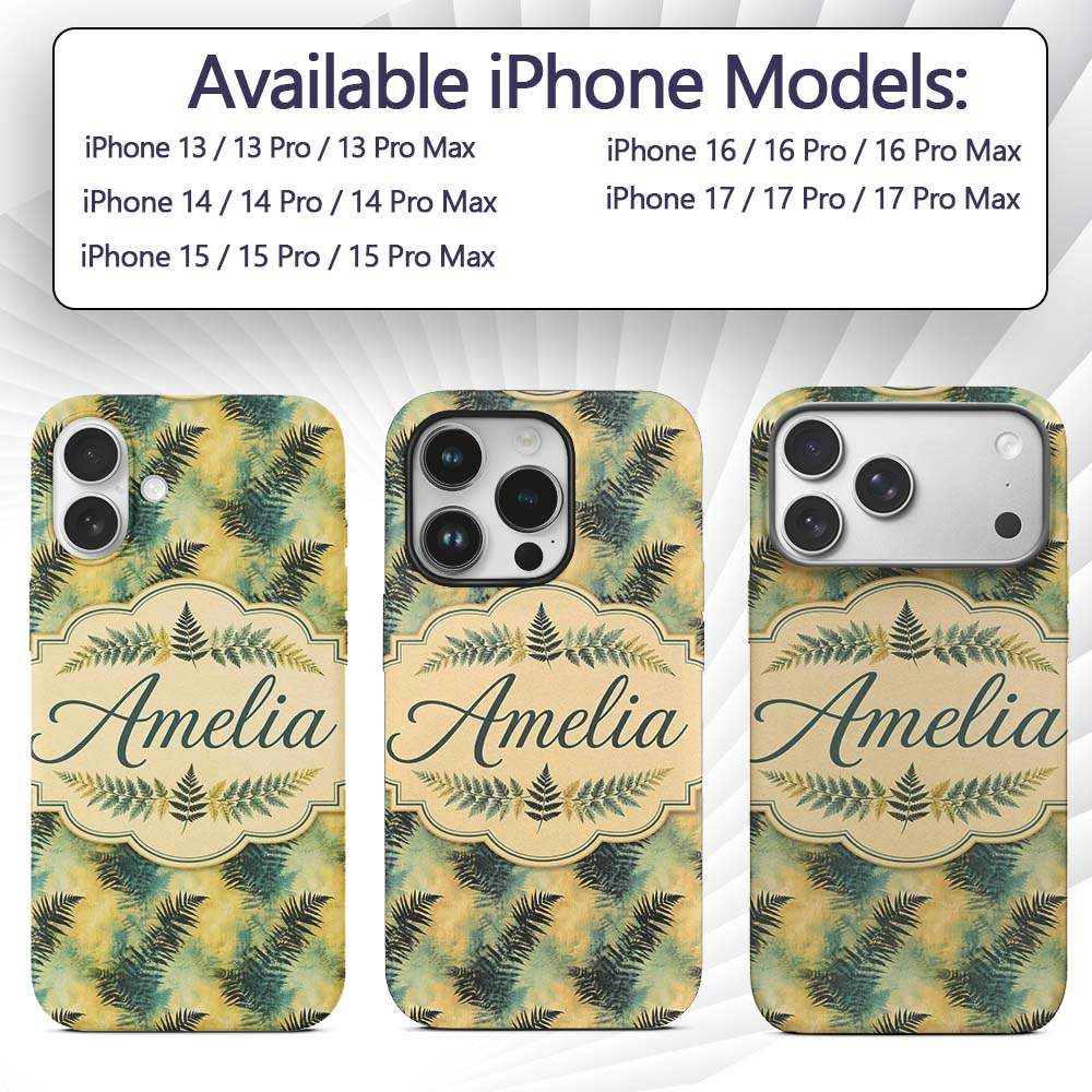 Teal and Yellow Fern Abstract Botanical Seamless Custom Name Protective Phone Case Mobile Cover Durable Everyday Smartphone Shock Resistant