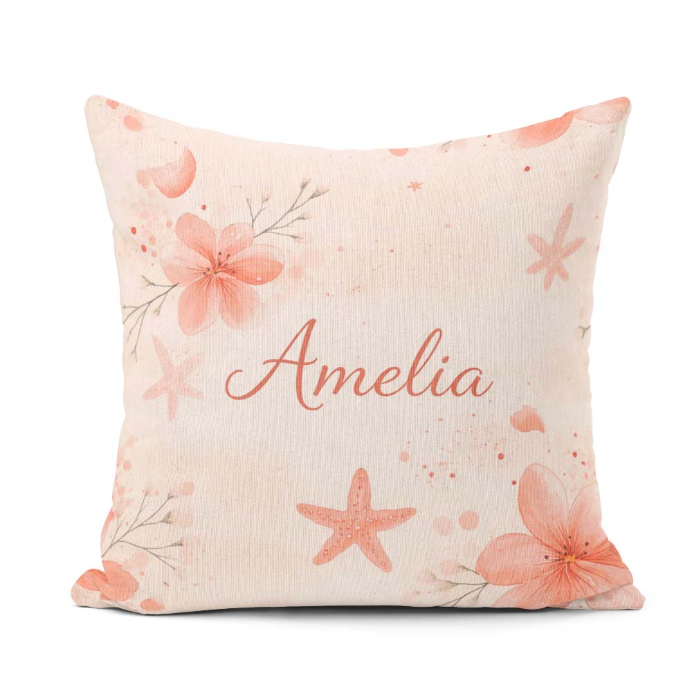 Custom Name Coral Starfish Ocean Floral Pattern Seamless Coastal Square Filled Cushion Throw Pillow Sofa Bed Home Decor Zip Washable UK Made
