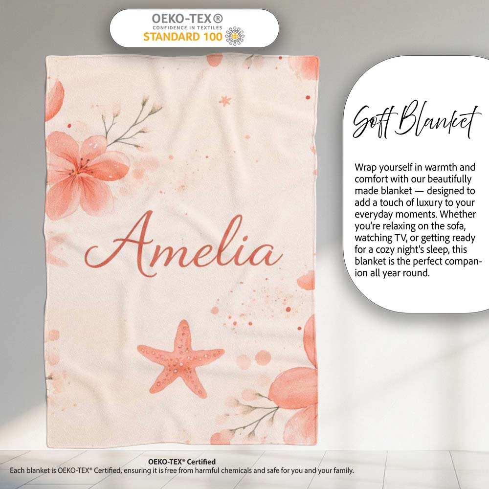Coral Starfish Ocean Floral Pattern Seamless Watercolour Coastal  Personalised Custom Name Super Soft Fleece Blanket Bed Sofa Throw