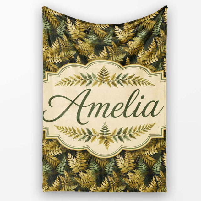 Gold and Green Botanical Foliage Seamless Pattern Cute Unique Gift  Personalised Custom Name Super Soft Fleece Blanket Bed Sofa Throw