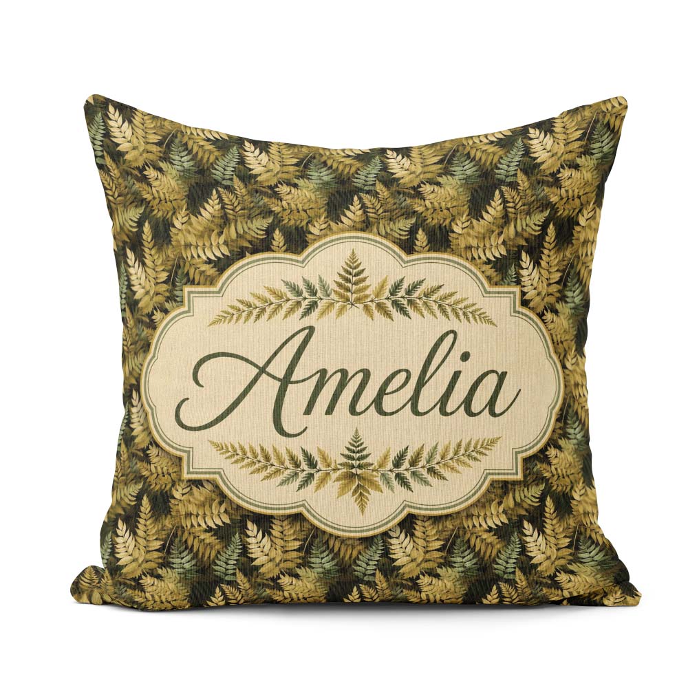Custom Name Gold and Green Botanical Foliage Seamless Pattern Square Filled Cushion Throw Pillow Sofa Bed Home Decor Zip Washable UK Made