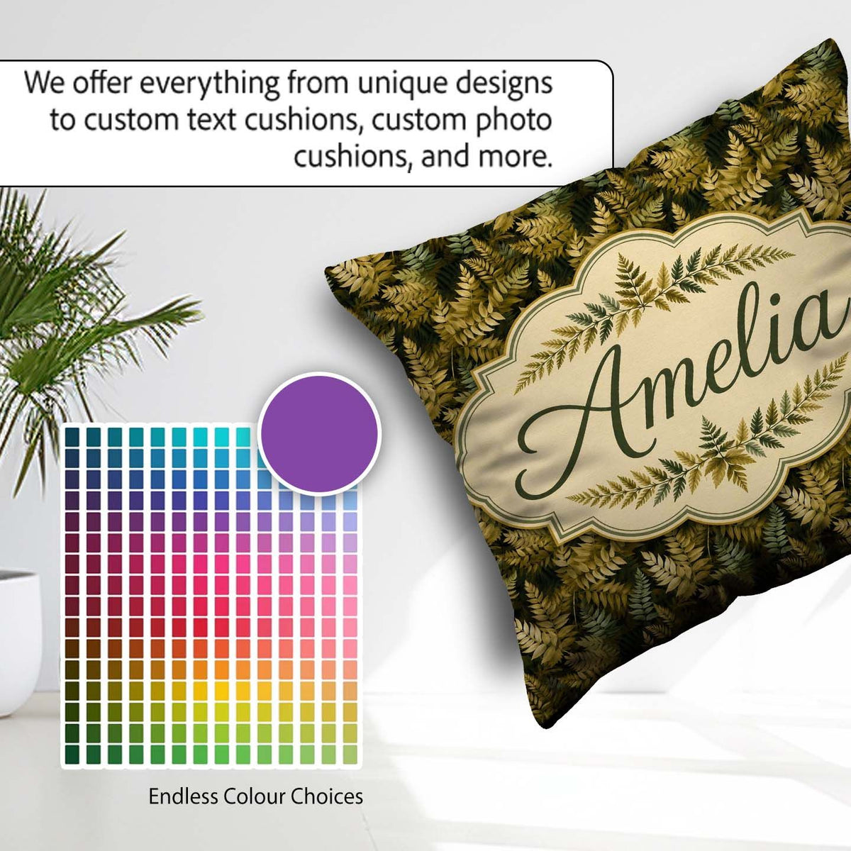 Custom Name Gold and Green Botanical Foliage Seamless Pattern Square Filled Cushion Throw Pillow Sofa Bed Home Decor Zip Washable UK Made