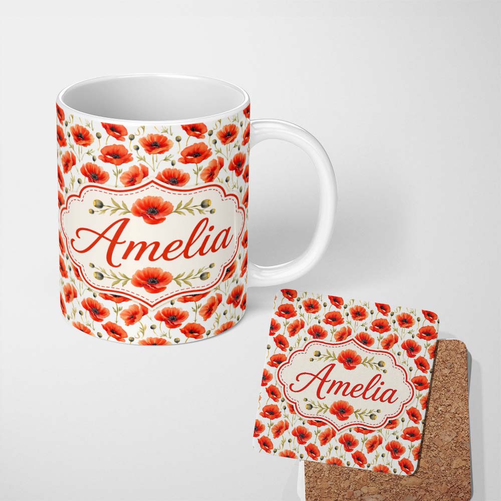 Personalized Custom Name Red Poppy Flower Watercolor Seamless Pattern Charming Kitchen Decor 11oz Ceramic Coffee Tea Mug White Large Handle
