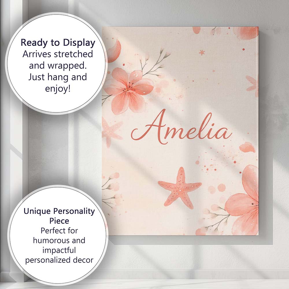 Personalised Name Coral Starfish Ocean Floral Pattern Seamless Custom Modern Room Accent Canvas Wall Art Print Decor Picture Ready to Hang