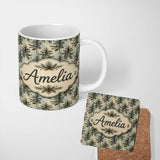 Personalized Custom Name Vintage Pine Tree Silhouette on Soft Neutral Background with Subtle 11oz Ceramic Coffee Tea Mug White Large Handle