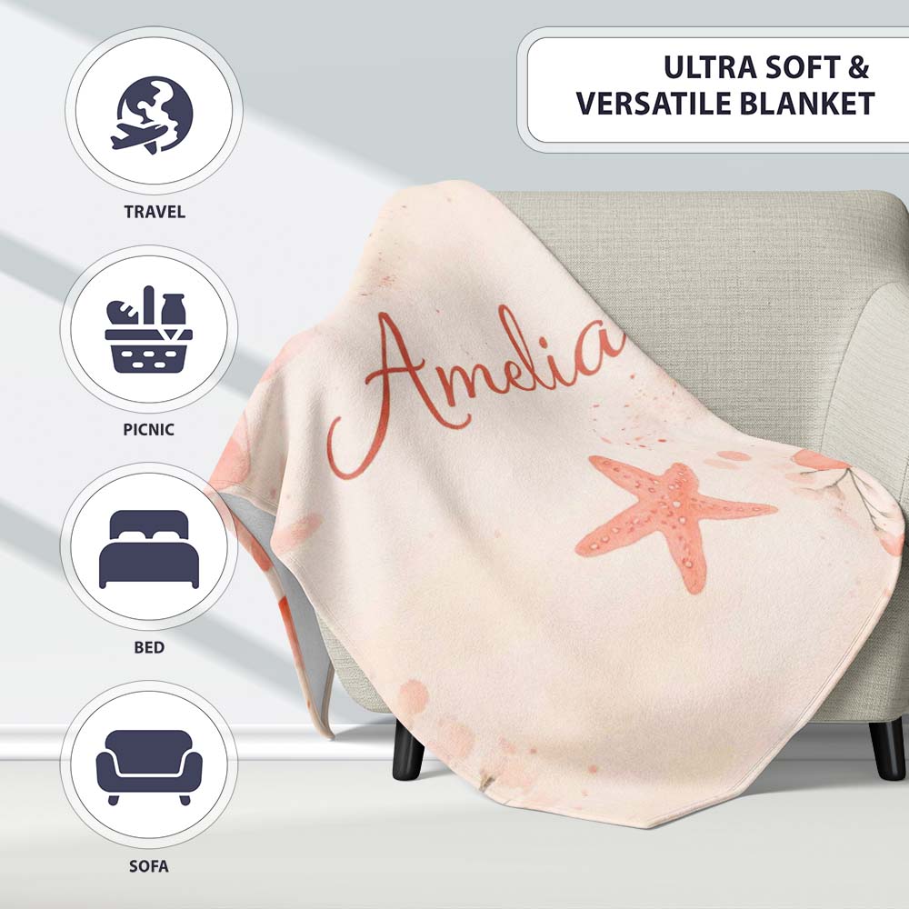 Coral Starfish Ocean Floral Pattern Seamless Watercolour Coastal  Personalised Custom Name Super Soft Fleece Blanket Bed Sofa Throw