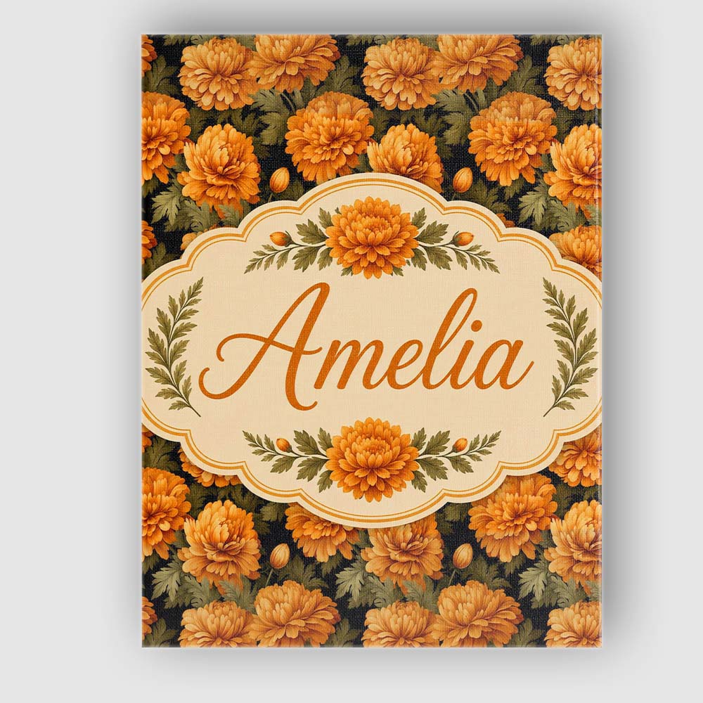 Personalised Name Orange Marigold Floral on Custom  Bespoke Interior Contemporary Canvas Wall Art Print Decor Picture Ready to Hang