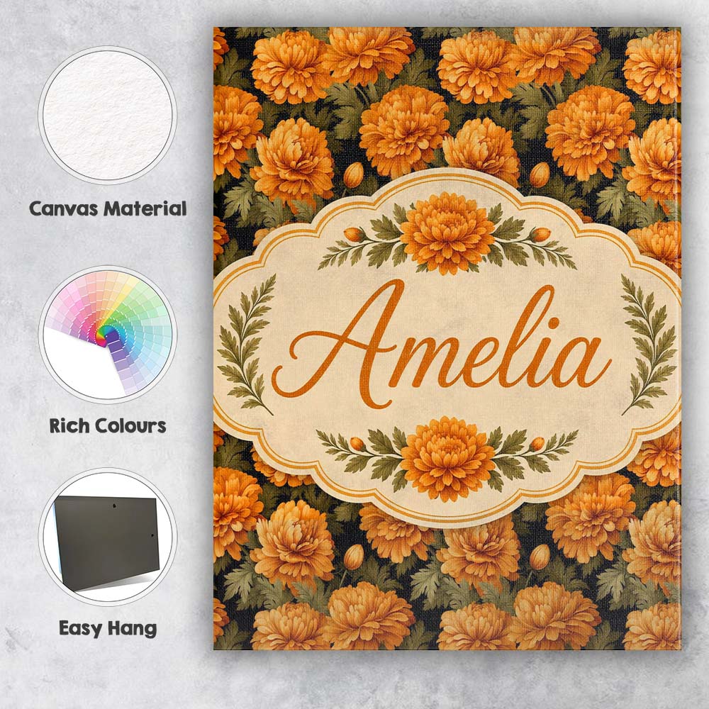 Personalised Name Orange Marigold Floral on Custom  Bespoke Interior Contemporary Canvas Wall Art Print Decor Picture Ready to Hang