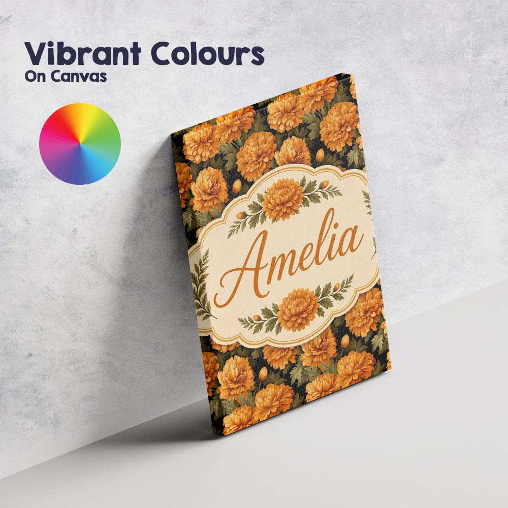Personalised Name Orange Marigold Floral on Custom  Bespoke Interior Contemporary Canvas Wall Art Print Decor Picture Ready to Hang