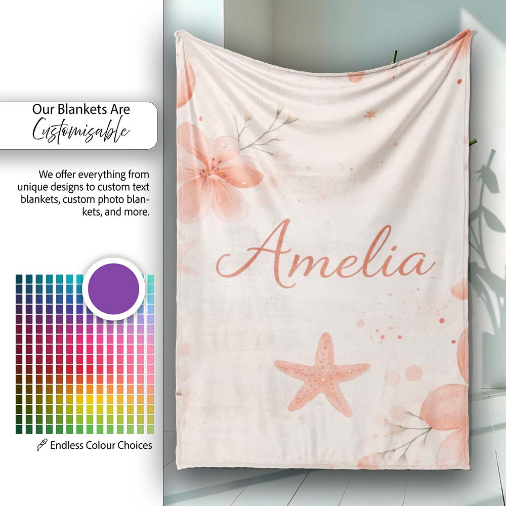 Coral Starfish Ocean Floral Pattern Seamless Watercolour Coastal  Personalised Custom Name Super Soft Fleece Blanket Bed Sofa Throw