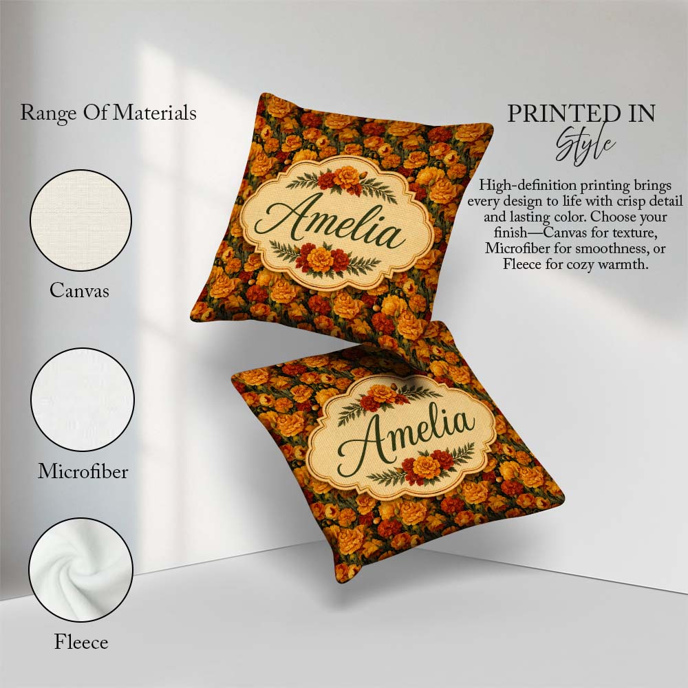 Custom Name Rich Orange Floral Garden Pattern on Dark Background Square Filled Cushion Throw Pillow Sofa Bed Home Decor Zip Washable UK Made