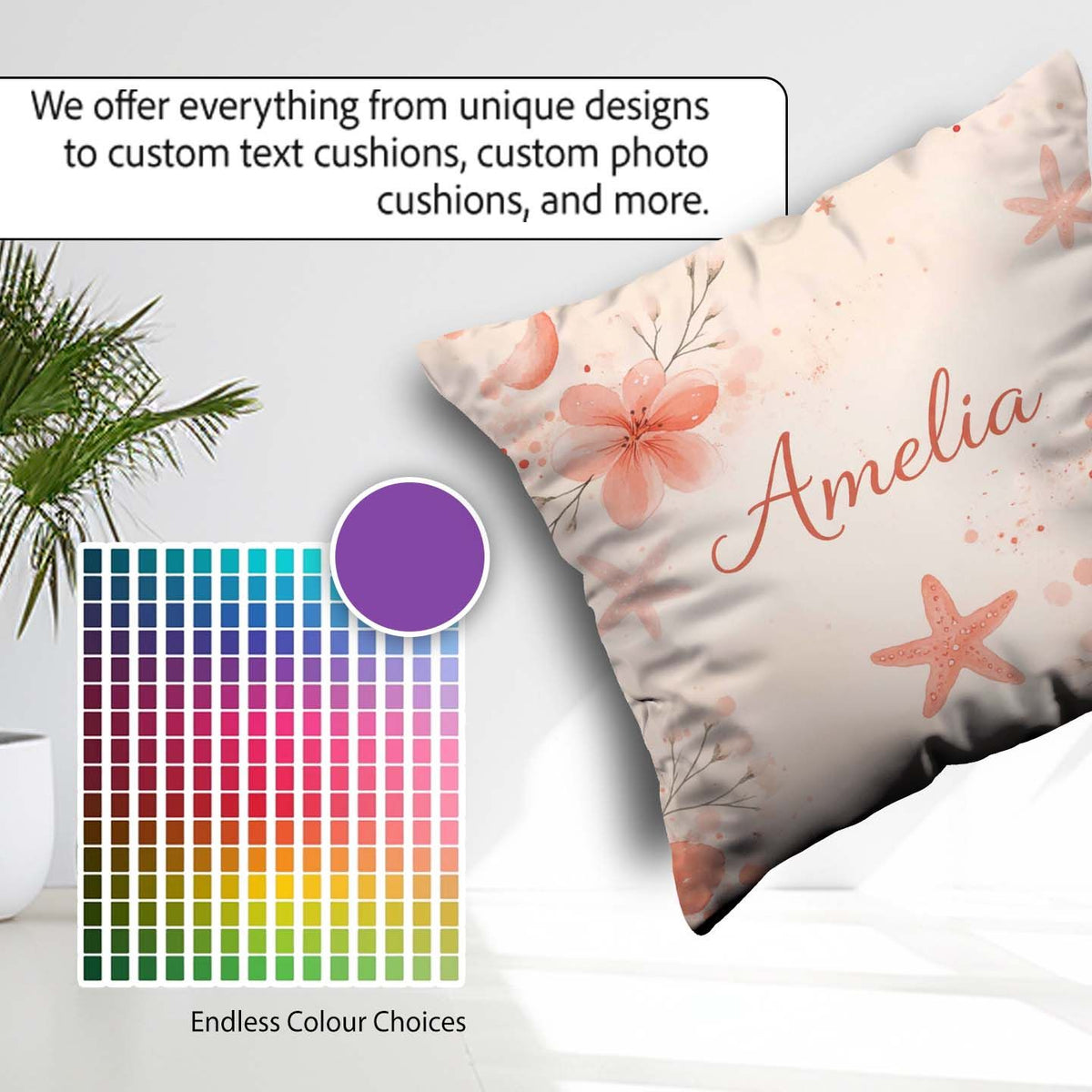 Custom Name Coral Starfish Ocean Floral Pattern Seamless Coastal Square Filled Cushion Throw Pillow Sofa Bed Home Decor Zip Washable UK Made