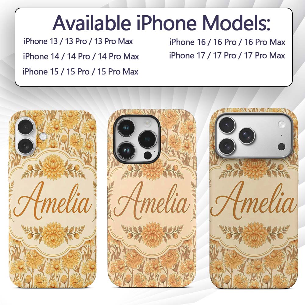 Vintage Orange Floral Botanical on Beige Seamless Custom Name Protective Phone Case Mobile Cover Durable Everyday Smartphone Shock Resistant