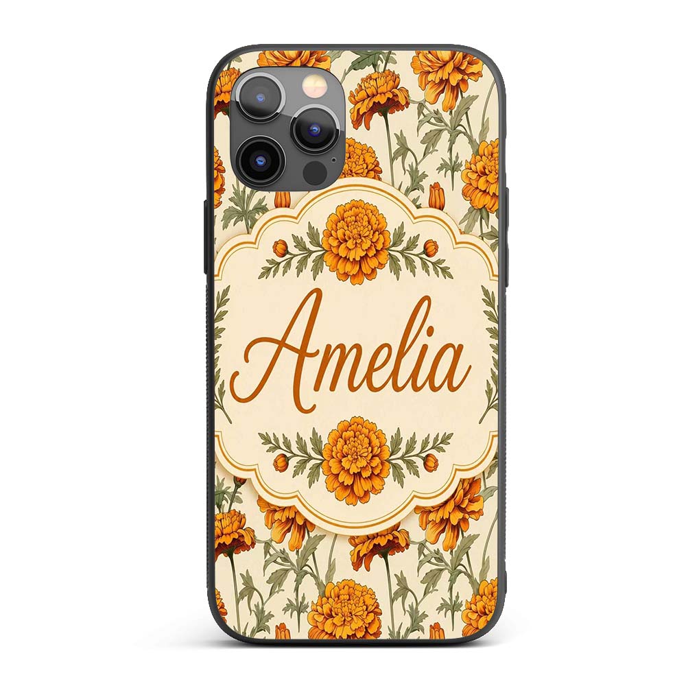 Orange Floral Stem Botanical Seamless Pattern on Custom Name Protective Phone Case Mobile Cover Durable Everyday Smartphone Shock Resistant