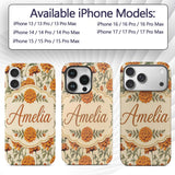 Orange Floral Stem Botanical Seamless Pattern on Custom Name Protective Phone Case Mobile Cover Durable Everyday Smartphone Shock Resistant