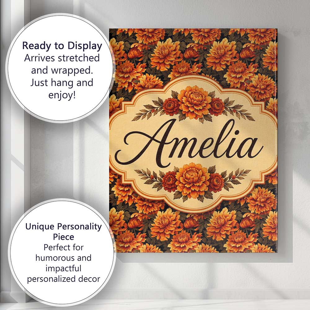 Personalised Name Bold Orange Chrysanthemum Custom  Bespoke Interior Contemporary Canvas Wall Art Print Decor Picture Ready to Hang