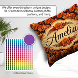 Custom Name Bold Orange Floral on Black Seamless Pattern Lovely Square Filled Cushion Throw Pillow Sofa Bed Home Decor Zip Washable UK Made