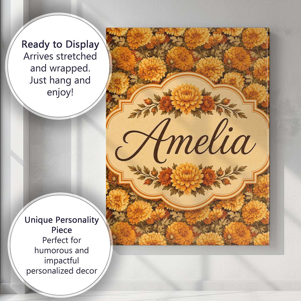 Personalised Name Dense Orange Floral Custom Modern Room Accent Creative Decorator Style Canvas Wall Art Print Decor Picture Ready to Hang