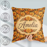 Custom Name Dense Orange Floral Garden Seamless Warm Tone Lovely Square Filled Cushion Throw Pillow Sofa Bed Home Decor Zip Washable UK Made