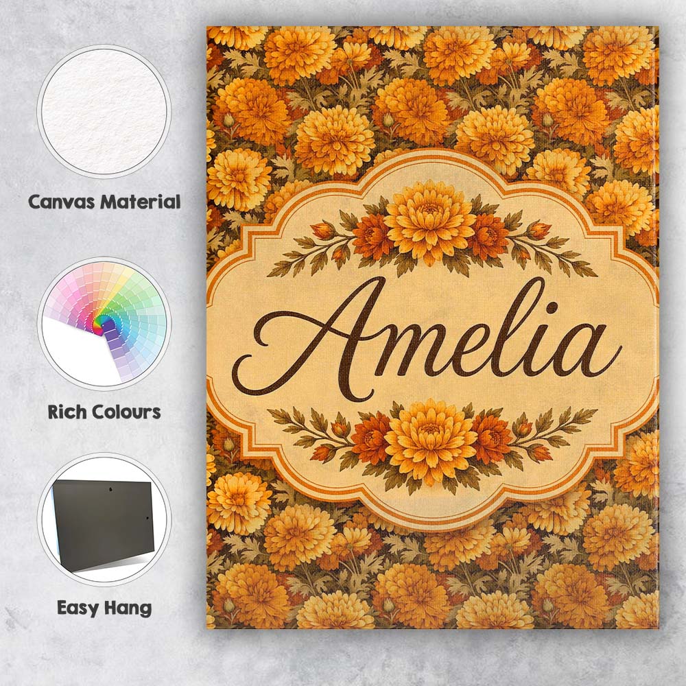 Personalised Name Dense Orange Floral Custom Modern Room Accent Creative Decorator Style Canvas Wall Art Print Decor Picture Ready to Hang