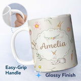 Personalized Custom Name Bunny Rabbits with Flowers Carrots and Butterflies Light Cream 11oz Ceramic Coffee Tea Mug White Large Handle