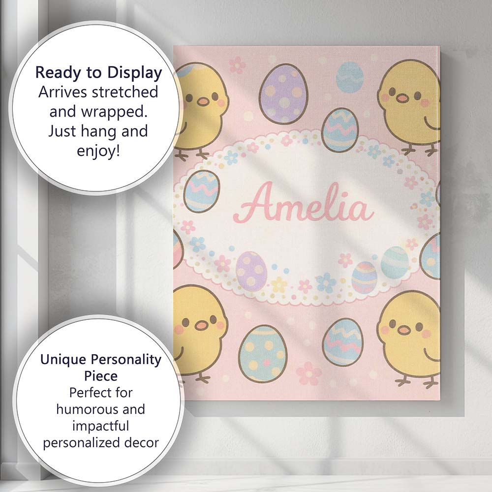 Personalised Name Cute Easter Chick Eggs Cartoon Animal Pattern Custom  Statement Canvas Wall Art Print Decor Picture Ready to Hang