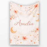 Celestial Moon Floral Night Sky Pattern Seamless Watercolour Design  Personalised Custom Name Super Soft Fleece Blanket Bed Sofa Throw