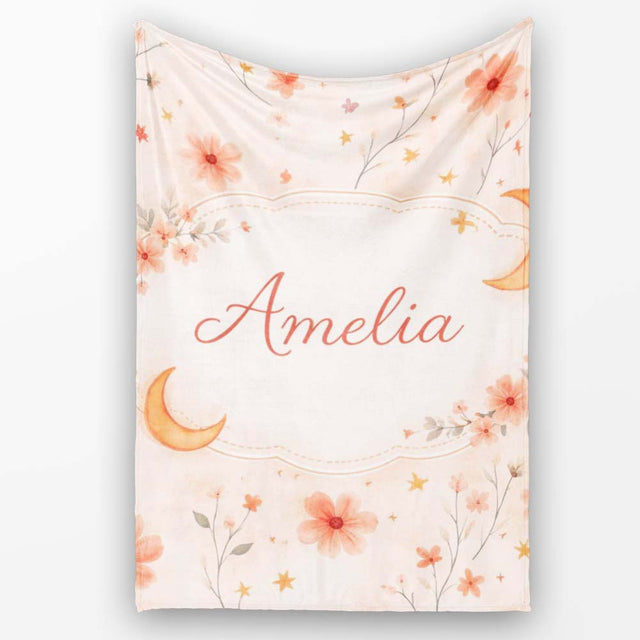 Celestial Moon Floral Night Sky Pattern Seamless Watercolour Design  Personalised Custom Name Super Soft Fleece Blanket Bed Sofa Throw